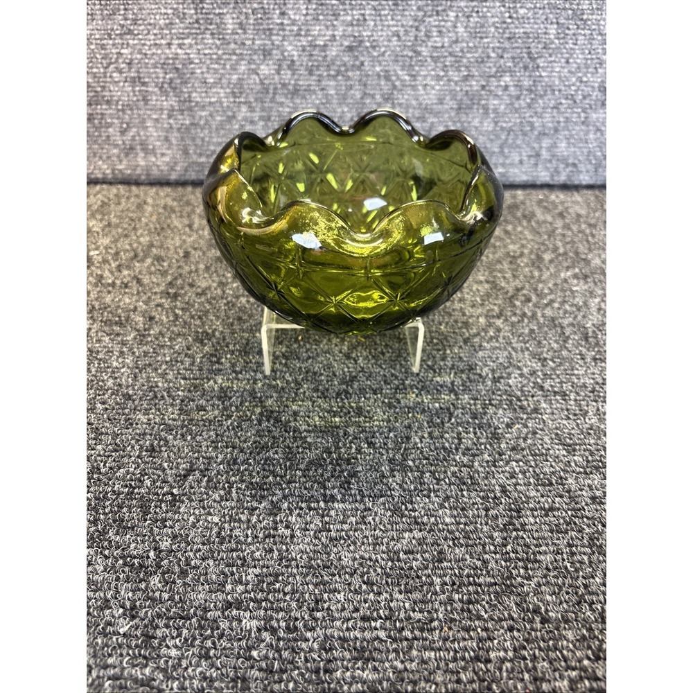 Vtg~Indiana Glass~Avocado Green~Quilted/Diamond/Ruffle Candy/Trinket Dish